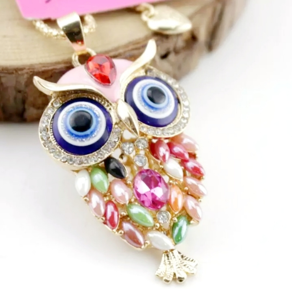Gold multicolor crystal owl pendant necklace